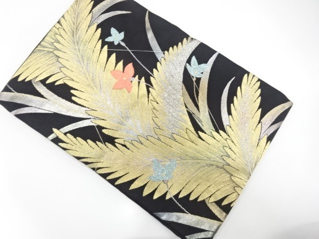 JAPANESE KIMONO / ANTIQUE NAGOYA OBI / SILK / WOVEN FLORAL PLANTS